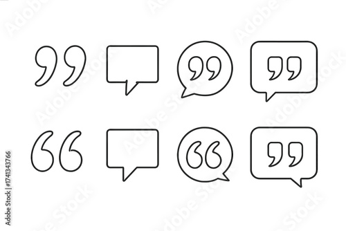 Quotes icon vector collection. Quotemarks outline, speech marks, inverted commas, talking marks. Speech bubble symbol set for citation, dialogue, comment, message, feedback. Line art.