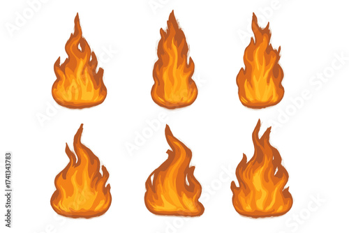 Realistic fire flames set. Burning bonfire collection. Hot flaming effect for design. Vector illustration isolated on transparent background. Heat, blaze, inferno elements.