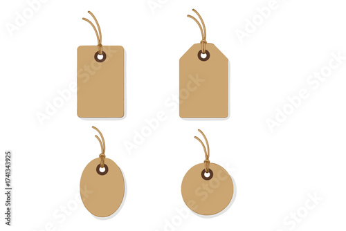 Blank cardboard price tags set. Kraft paper gift labels with string. Collection of various shapes. Vintage retro style for sale, shopping, products. Eco natural material vector.