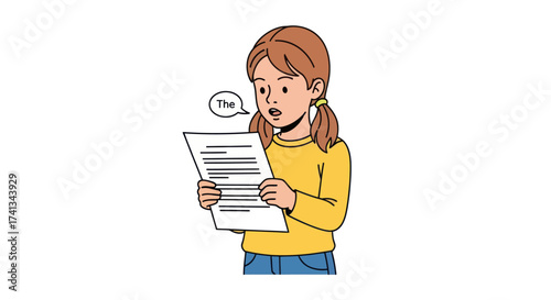 Принти на полотні Surprised Young Girl Reading Document with Speech Bubble.