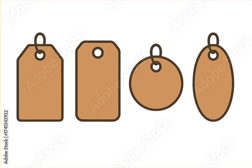 Set of blank brown kraft paper price tags. Collection of various shaped gift labels for sale promotion. Empty cardboard hang tag vector illustration for shopping or branding.