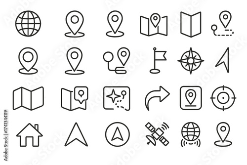 Navigation and map line icon set. GPS location pin and route direction symbol. Travel destination and guide signs. Globe, compass, satellite and arrow vector elements for web.