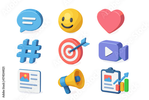 Social media marketing 3D icon set. Isometric vector elements for web and app design. Includes like, emoji, hashtag, target, video, post, analytics and promotion symbols.