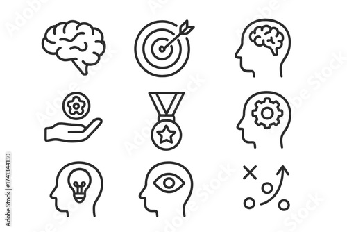 Human brain process icon set. Thin line icons for thinking, strategy, success, and skills. Mental health, psychology, vision, goal, award, idea. Vector for web and mobile.