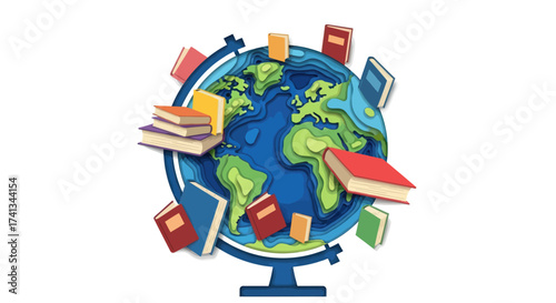 Bild auf Leinwand A colorful illustration of books orbiting a terrestrial globe symbolizing global education and knowledge
