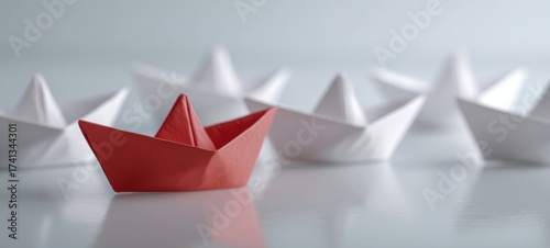 The Red Paper Boat Leading a Line of White Origami Boats on Reflective Surface