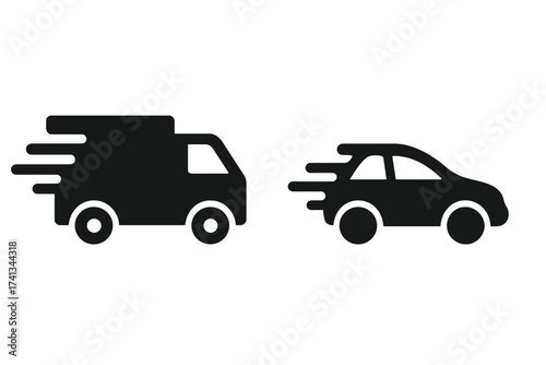 Fast delivery truck and car icon. Express shipping service symbol. Logistics transport vehicle silhouette. Speed motion for web, app, logo design. Vector graphic illustration set.