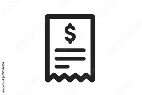 Vector bill icon. Receipt with dollar sign symbol. Concept for finance, payment, invoice, transaction, expense, and budget. Black flat graphic isolated for web, app, or logo.