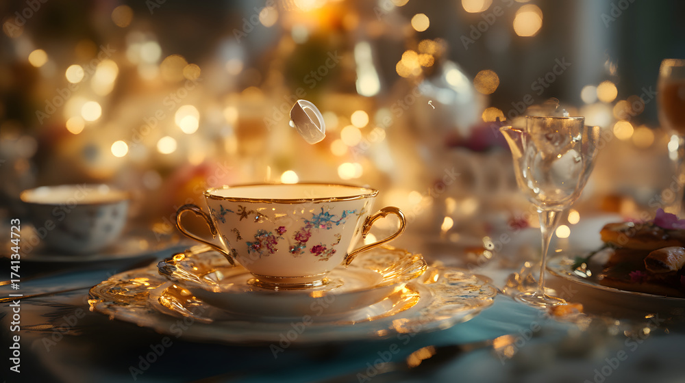 Fototapeta premium A beautifully arranged tea party scene with a vintage floral teacup and saucer, soft bokeh lights, and a sugar cube falling into the cup, creating a warm and inviting atmosphere