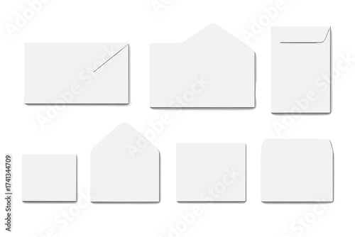 Realistic white envelope mockup set. 3D vector collection of open and closed mail envelopes in various formats. Blank template for business identity, letters, and documents.