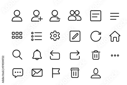 Website UI thin line icon set. User menu and interface navigation outline pictograms for web and mobile app. Management and messaging simple vector icons collection.