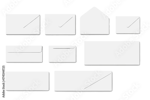 Mega bundle of realistic 3d white envelopes. Collection of open, closed, windowed mail mockups for business letters, documents. Blank vector paper stationery template set.