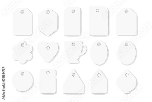 White tags mega set in realistic 3D style. Vector bundle of blank price labels and gift hang tags. Mockup for sale, discount, and offers. Various shapes collection.