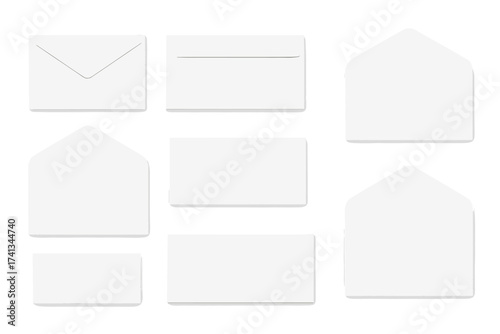 Realistic 3D white envelope mockup set. Big bundle of open, closed, and empty mail templates. Vector illustration for postal correspondence, letters, and business documents.