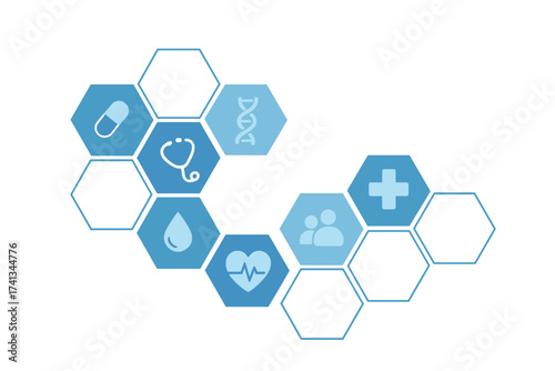 Medical healthcare background with hexagon grid. Medicine technology concept banner. Health care icons set. Stethoscope, DNA, pill, heart, blood. Science innovation vector.