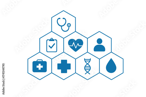 Healthcare medical icon set. Digital health technology concept. Stethoscope, DNA, EKG, cross, first aid, blood drop symbols. Patient care, diagnosis, health insurance vector.