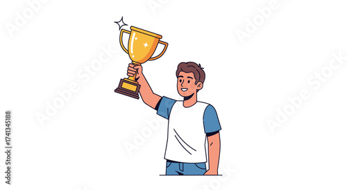 Fotografija Young man proudly holding a golden trophy aloft in celebration of victory