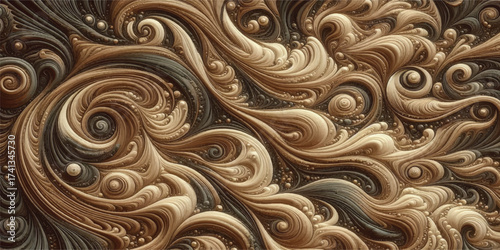 A captivating cappuccino coffee wave pattern background, featuring swirling designs in warm, inviting tones. Perfect for adding a touch of elegance.