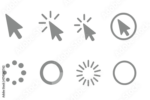 Computer mouse click cursor and loading icon set. Vector gray arrow pointer, clicker, and wait symbols. UI UX web design elements. Progress bar, buffer, and spinner collection.