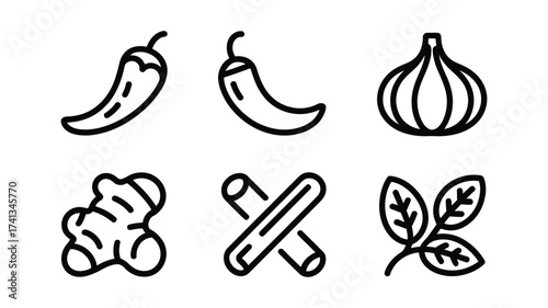 Vector Illustration of chili peppers, garlic, ginger, cinnamon sticks, and basil leaves in a minimalist style