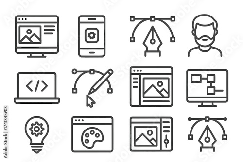 Web and graphic design line icon set. UI UX kit for website and mobile app development. Vector symbols for coding, programming, photo retouching, drawing, creative process.