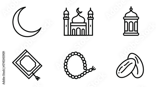 Vector art of ramadan icons crescent moon, mosque, lantern, prayer rug, prayer beads, and dates, symbolizing islamic traditions