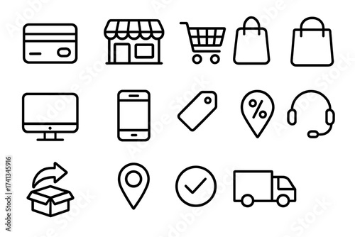 E-commerce and online shopping line icon set. Vector symbols for web and mobile app interface. Includes store, payment, delivery truck, cart, and support icons. Thin line retail.
