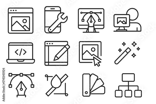 Web and graphic design line icon set. UI UX kit for website and mobile app development. Contains icons for coding, retouching, vector pen tool, color swatch, and sitemap.