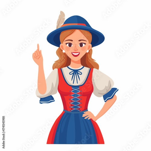 Woman in traditional German costume pointing with transparent background
