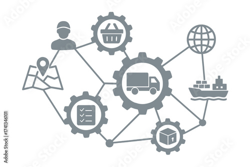 Concept of logistics and supply chain management. Global freight transportation network. E-commerce order fulfillment process. Shipping and delivery icons. Distribution system.