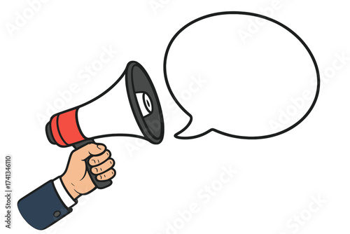 Hand holding megaphone with speech bubble. Loudspeaker for business marketing. Banner for announcement, protest, news. Communication icon. Man with bullhorn. Vector cartoon.