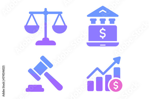 Set of banking and finance gradient icons for web and mobile apps. Vector symbols for e-banking, auction, law, justice, financial growth, profit, investment, and balance.