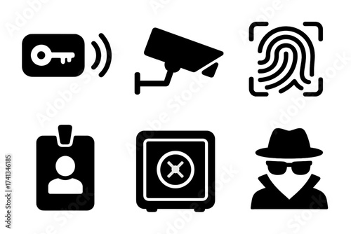 Security system vector icon set. Flat simple glyphs for safety and protection. Includes electronic key, CCTV camera, fingerprint scan, ID pass, safe, and spy agent sign.