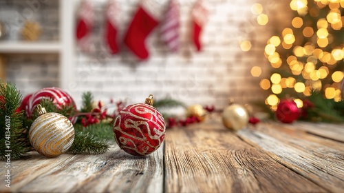 Christmas Kitchen Table with Red/Gold Baubles: Rustic Wooden Surface, White Brick Wall, Christmas Tree + Warm Bokeh Lights, Red Stockings, Cozy Vibe