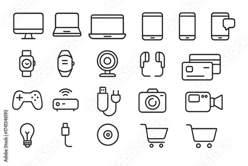 Electronics and devices icon set in thin line style. Collection of technology gadgets for web and mobile. Vector symbols of computer, laptop, phone, camera, ecommerce.