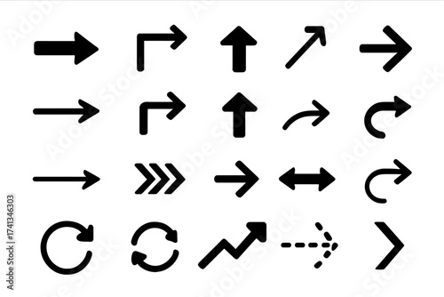 Big set of vector arrows. Arrow icon collection. Black directional symbols on white background. Up, down, left, right pointers. Next, back, reload, refresh, growth chart arrows.