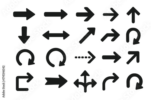 Big set of black vector arrows. Arrow icon collection for web design and user interface. Pointers, direction, navigation symbols. Up, down, left, right, next, refresh signs.