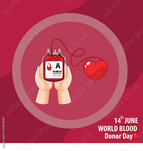  World Blood Donor Day is held on 14 june. Blood Drop with hand and Realistic ribbon. One Drop Can Save a World. Blood bag and heart banner, cards, prints, social media.