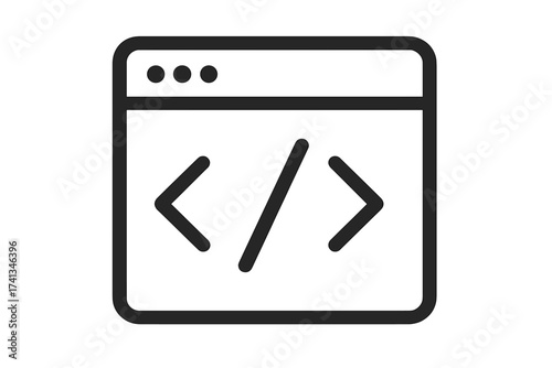 Page source code vector icon. Web development, programming symbol. Browser window with HTML tags for coding concept. Simple minimalist line art for UI, UX. App developer element.