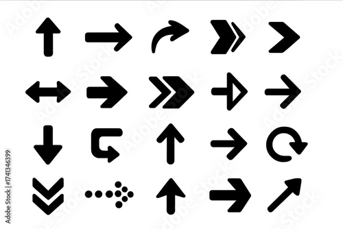 Vector arrow icon collection. Big set of black directional pointers. Symbols for navigation, UI UX web design. Next, previous, up, down, refresh, download, and direction signs.