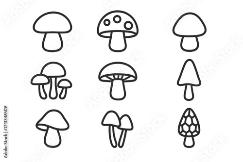 Mushroom icon set. Fungi line art collection. Simple outline vector symbols for web and graphic design. Includes various fungus types like champignon, morel, and toadstool.