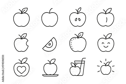 Apple icon pack, thin line vector set. Editable stroke symbols for web and mobile apps. Fruit collection with whole, sliced apple, juice, heart, and cute kawaii character.