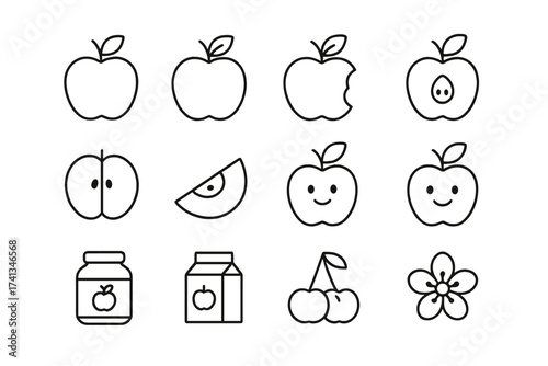 Apple fruit line icon set. Simple outline food symbols for web and apps. Includes whole, bitten, sliced apple, juice pack, jam jar, cherry, blossom, and cute kawaii character.