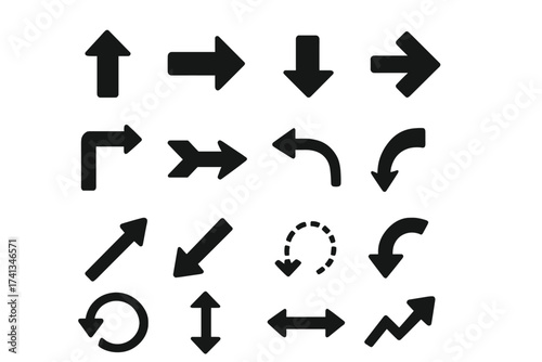 Vector arrows set. Black direction icon collection. Pointer symbols for navigation, UI, and web design. Includes different shapes like curved, refresh, and growth chart arrows.
