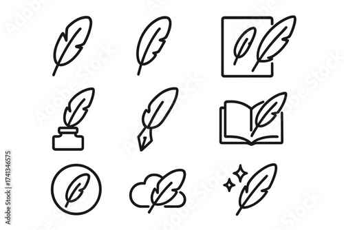 Feather quill pen thin line icon set. Writing, poetry, literature concept. Author, history, storyteller symbol. Editable stroke vector. Inkwell, book, letter sign.