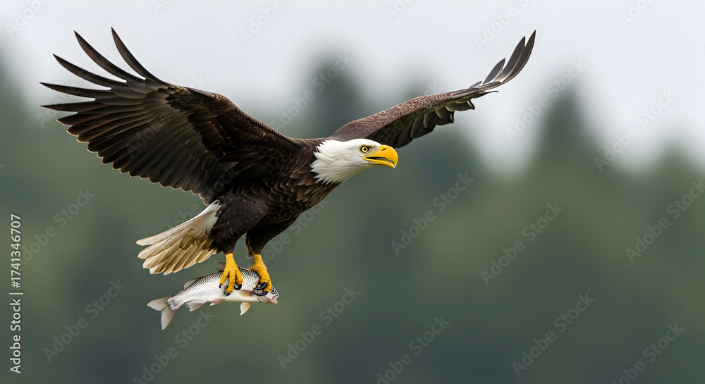Fototapeta premium Bald eagle in flight carrying a fish majestic bird of prey hunting wildlife photography in natural habitat