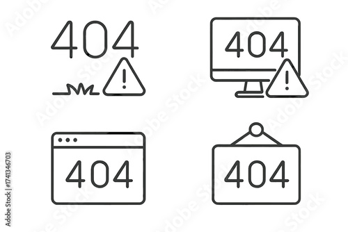 404 error page not found vector line icon set. Website problem message. Internet connection lost symbol. Computer screen, browser window. System error, warning sign.