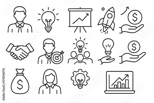 Business startup and entrepreneurship thin line icon collection. Vector symbols for success, growth, idea, investment, strategy, finance. Editable stroke for web and infographics.