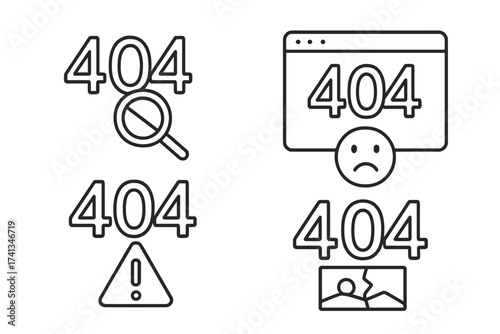 404 error page not found vector line icon set. Website connection problem, broken link, and file not found symbols for UI UX design. Sad face, warning, search, unavailable image.