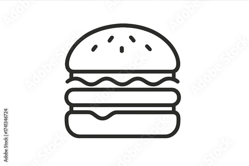 Burger vector icon. Hamburger outline illustration. Fast food symbol for menu, app and website. Junk food, cheeseburger simple line art. Unhealthy eating graphic element.
